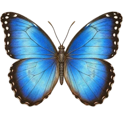 An engraved blue morpho butterfly, wings spread